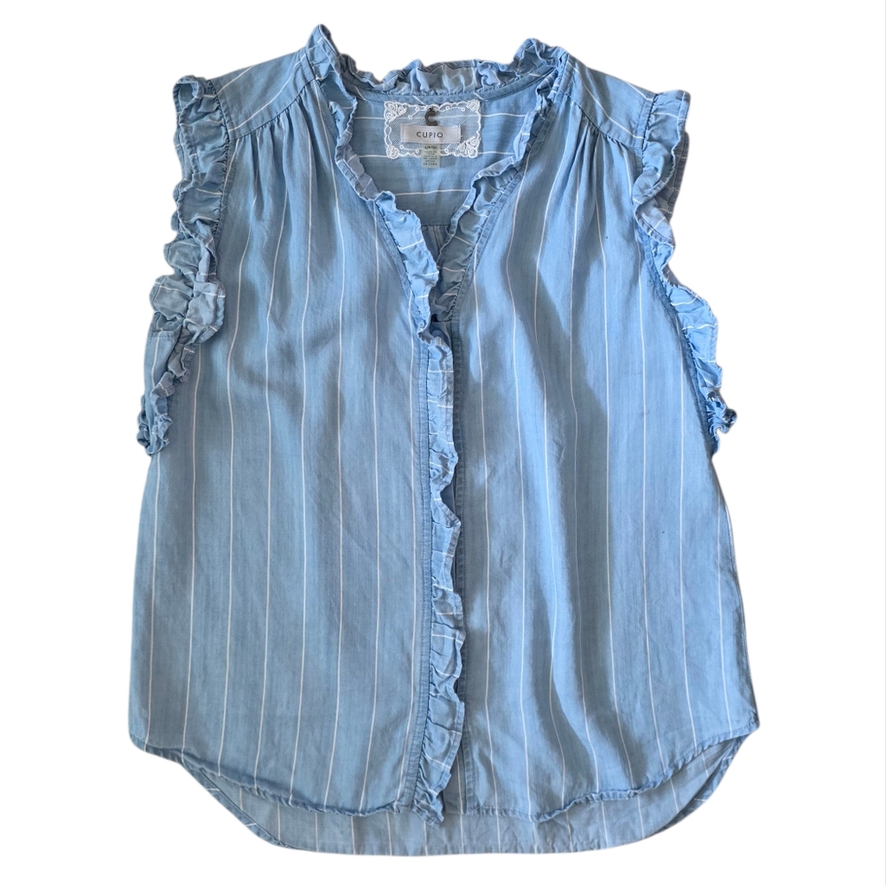 Cupio Chambray Top Sleeveless Blouse Button Down Pinstripe Light Blue Lyocell